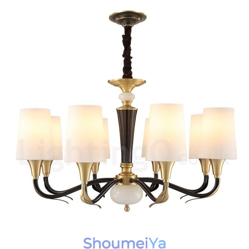 純真鍮の贅沢で素朴なレトロヴィンテージ真鍮ストーンペンダントキャンドルシャンデリア、ガラスシェード付き