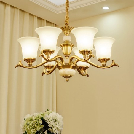 純真鍮の贅沢で素朴なレトロヴィンテージ真鍮ストーンペンダントキャンドルシャンデリア、ガラスシェード付き