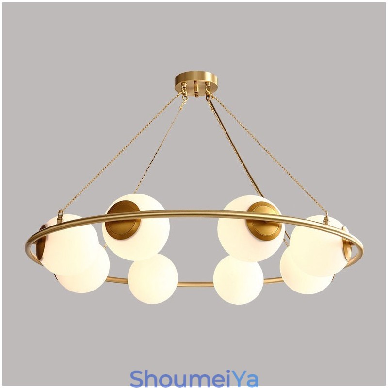 純真鍮製ビーンスタイル ラスティックロッジ ラウンドシャンデリア ホワイトシェード付き