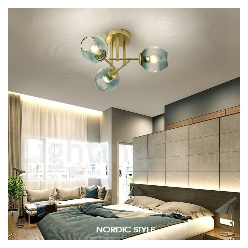 3 ライト ラスティック ロッジ ステンレス シャンデリア、透明または青のガラス シェード付き