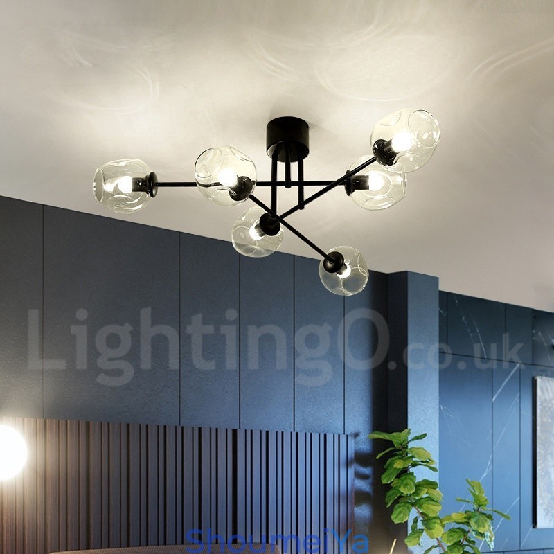 6 ライト ラスティック ロッジ ステンレス シャンデリア、透明または青のガラス シェード付き