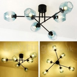 6 ライト ラスティック ロッジ ステンレス シャンデリア、透明または青のガラス シェード付き