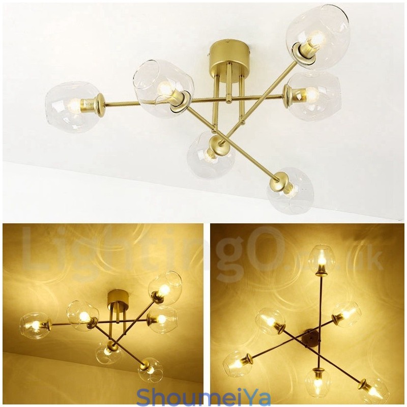 6 ライト ラスティック ロッジ ステンレス シャンデリア、透明または青のガラス シェード付き