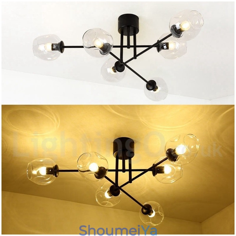 6 ライト ラスティック ロッジ ステンレス シャンデリア、透明または青のガラス シェード付き