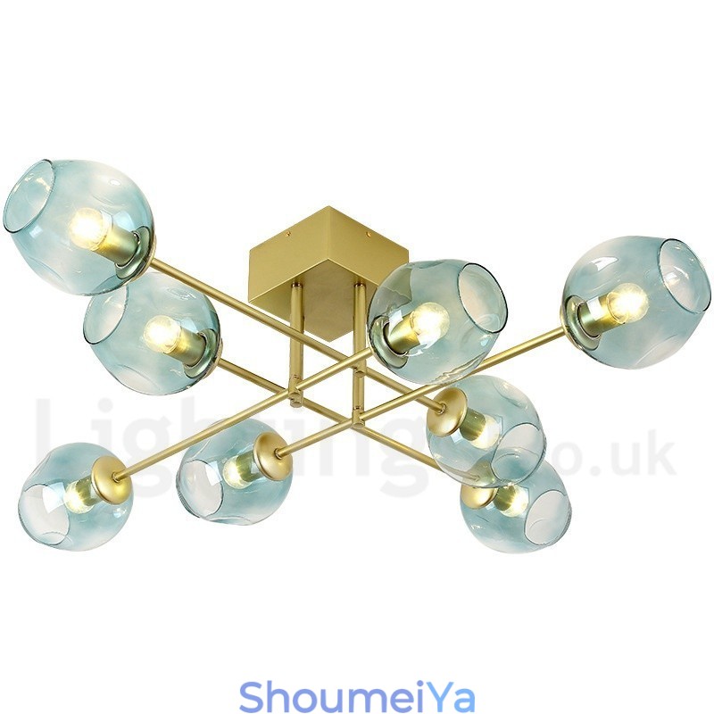 8 ライト ラスティック ロッジ ステンレス シャンデリア (透明または青のガラス シェード付き)