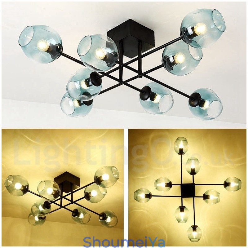 8 ライト ラスティック ロッジ ステンレス シャンデリア (透明または青のガラス シェード付き)