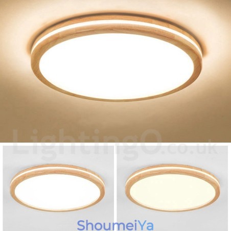 調光可能な丸型木製レンズ付きモダンコンテンポラリー北欧スタイルフラッシュマウント木製天井ライト、アクリルシェードとリモコン付き、壁ライトとしても使用可能