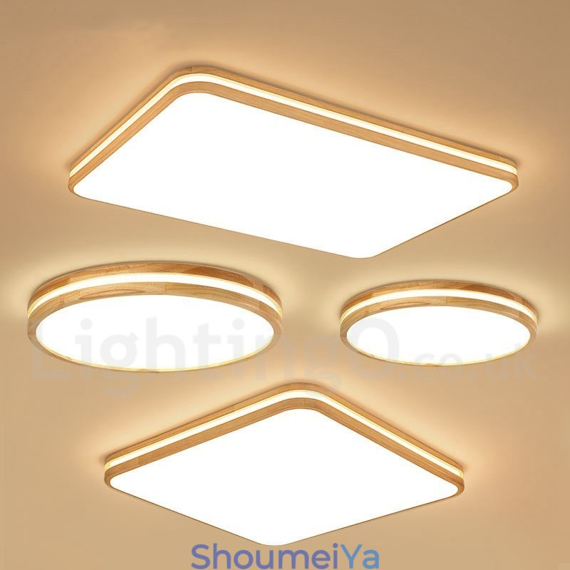 調光可能な丸型木製レンズ付きモダンコンテンポラリー北欧スタイルフラッシュマウント木製天井ライト、アクリルシェードとリモコン付き、壁ライトとしても使用可能
