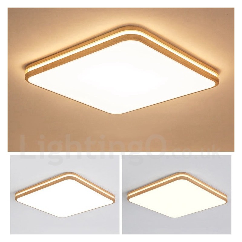 レンズ付きスクエア木製モダンコンテンポラリー北欧スタイルフラッシュマウント木製天井ライトアクリルシェードとリモコン付き壁ライトとしても使用可能