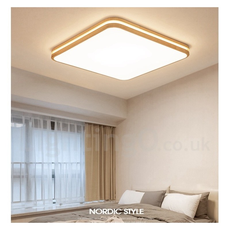 レンズ付きスクエア木製モダンコンテンポラリー北欧スタイルフラッシュマウント木製天井ライトアクリルシェードとリモコン付き壁ライトとしても使用可能