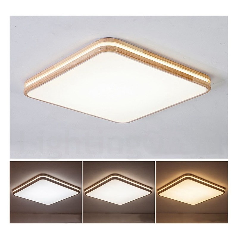 レンズ付きスクエア木製モダンコンテンポラリー北欧スタイルフラッシュマウント木製天井ライトアクリルシェードとリモコン付き壁ライトとしても使用可能