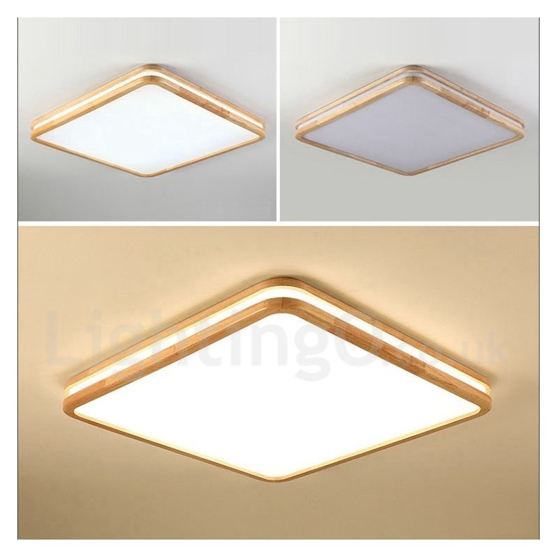レンズ付きスクエア木製モダンコンテンポラリー北欧スタイルフラッシュマウント木製天井ライトアクリルシェードとリモコン付き壁ライトとしても使用可能
