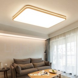調光可能な長方形の木製レンズ付きモダンコンテンポラリー北欧スタイルのフラッシュマウント木製天井ライト、アクリルシェードとリモコン付き、壁ライトとしても使用可能