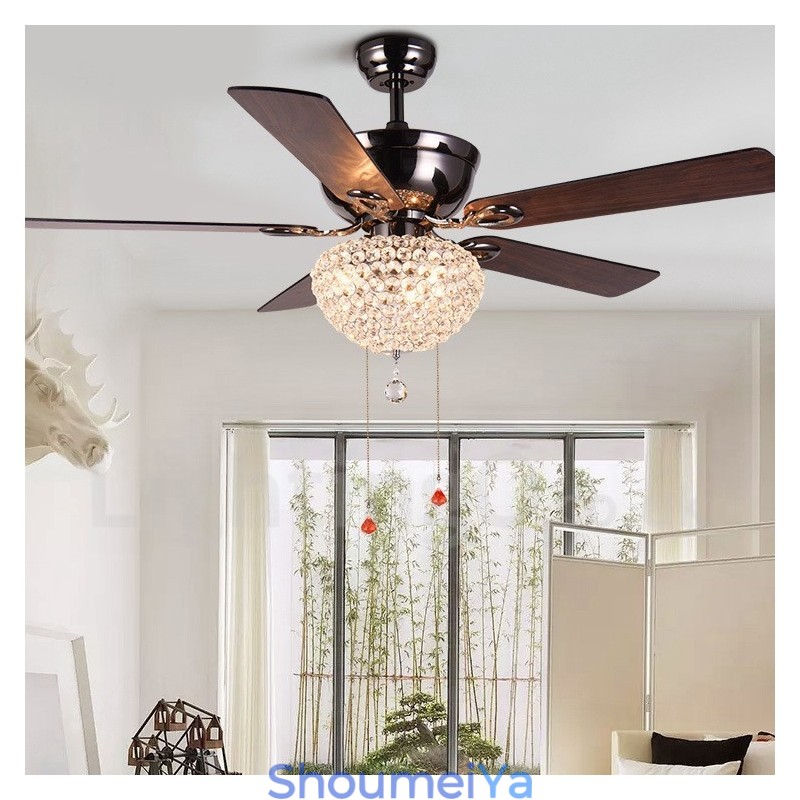 132CM (52インチ) アメリカンスタイル 木製 レトロ リモコン シーリングファンライト クリスタルシェード ミュート 純銅モーター付き