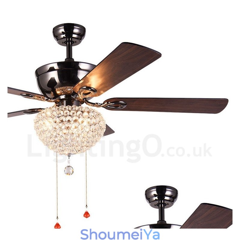 132CM (52インチ) アメリカンスタイル 木製 レトロ リモコン シーリングファンライト クリスタルシェード ミュート 純銅モーター付き