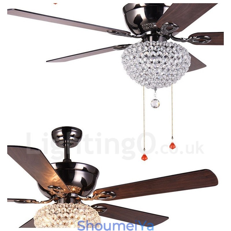 132CM (52インチ) アメリカンスタイル 木製 レトロ リモコン シーリングファンライト クリスタルシェード ミュート 純銅モーター付き