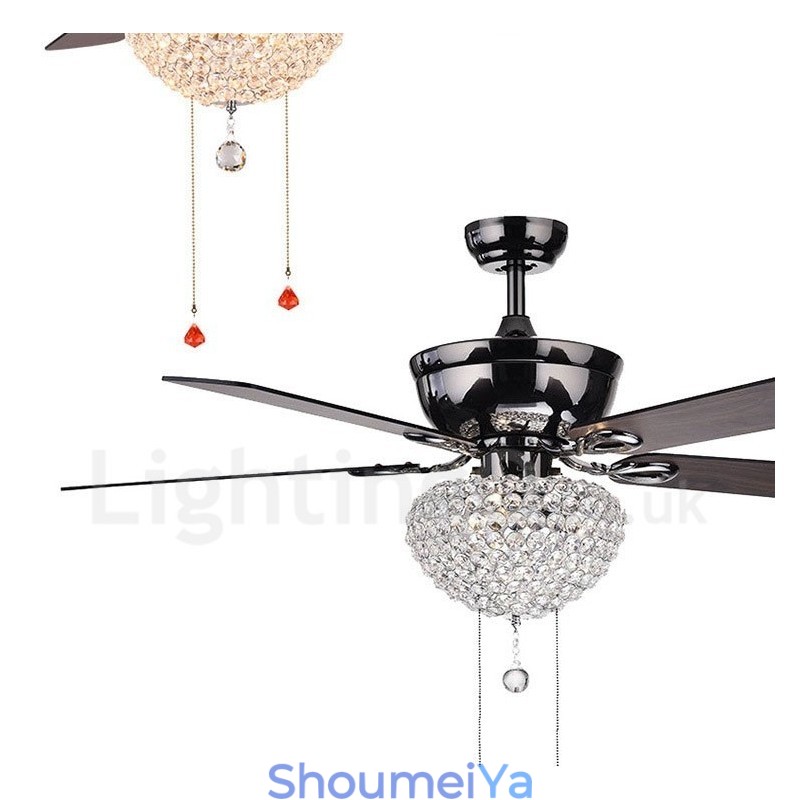 132CM (52インチ) アメリカンスタイル 木製 レトロ リモコン シーリングファンライト クリスタルシェード ミュート 純銅モーター付き