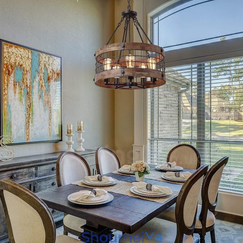 5 ライト ドラム ヴィンテージ 木製シャンデリア インダストリアル ウィンド ロフト ウッド リニア ペンダント 照明