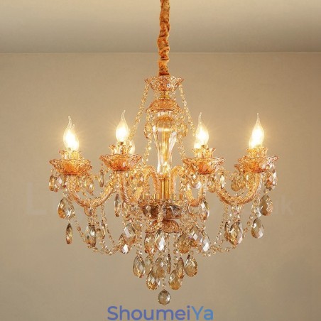 8 ライト アンバー ゴールド エレガント クリスタル キャンドル シャンデリア
