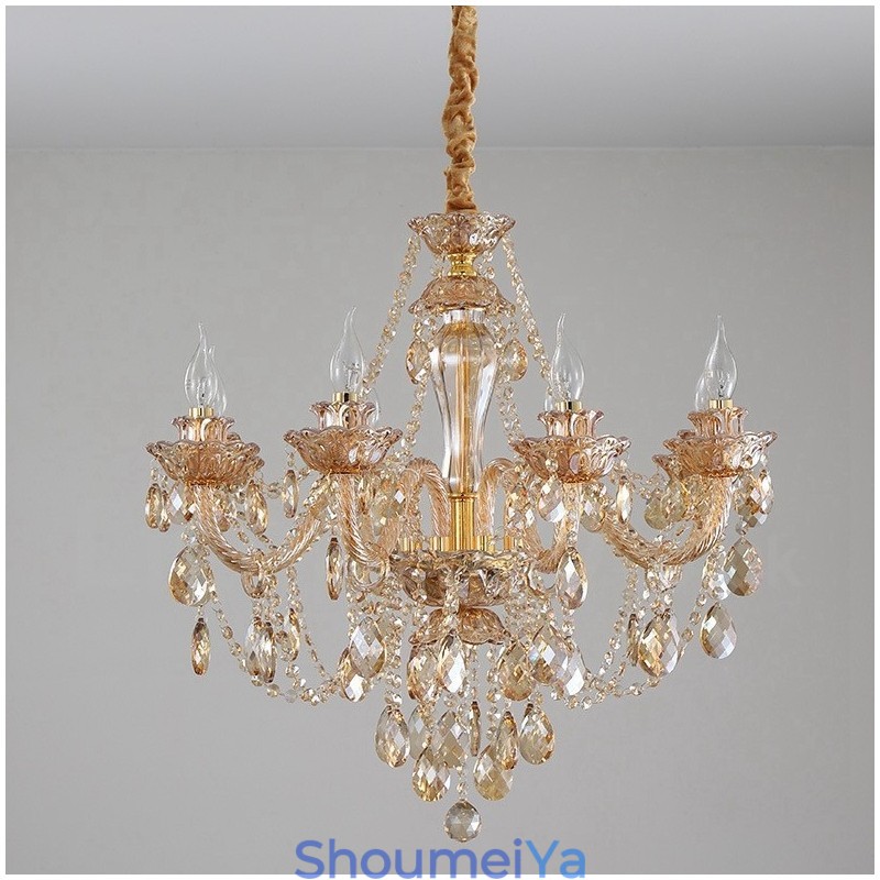 8 ライト アンバー ゴールド エレガント クリスタル キャンドル シャンデリア