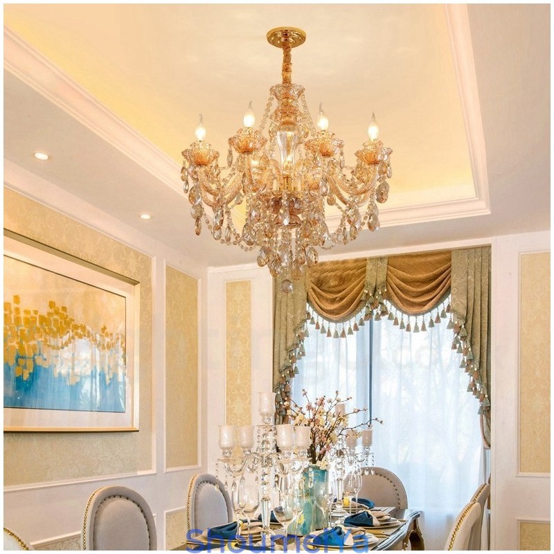 8 ライト アンバー ゴールド エレガント クリスタル キャンドル シャンデリア