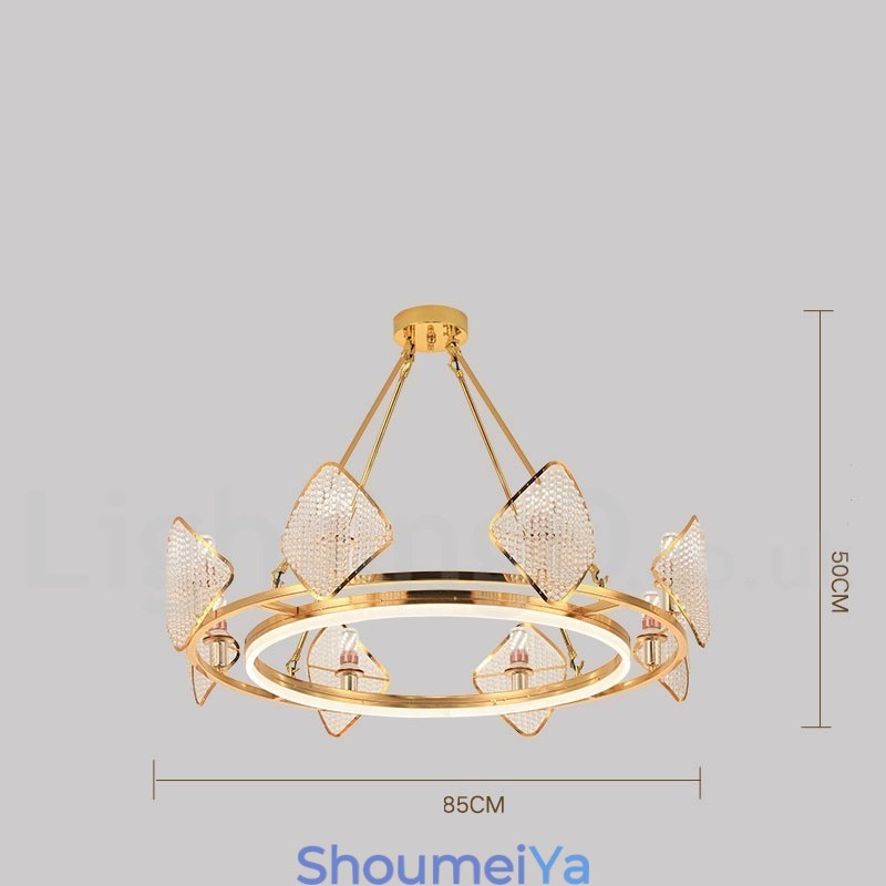 ゴールドポストモダンラグジュアリーラウンドK9クリスタルペンダントシャンデリアライトアクリルシェード展示ホール