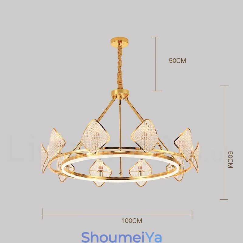 ゴールドポストモダンラグジュアリーラウンドK9クリスタルペンダントシャンデリアライトアクリルシェード展示ホール