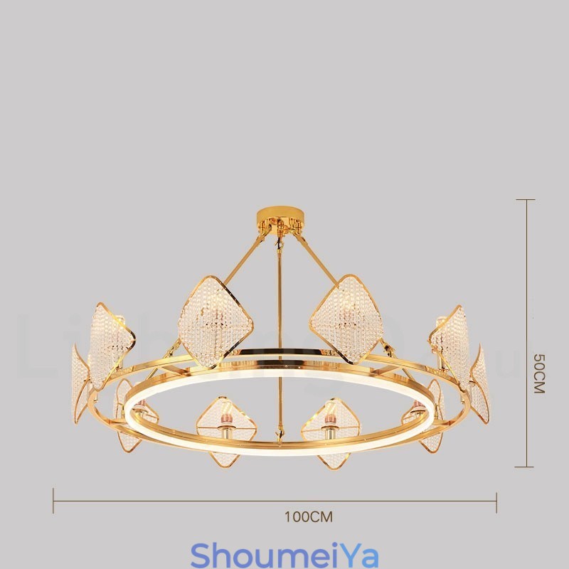 ゴールドポストモダンラグジュアリーラウンドK9クリスタルペンダントシャンデリアライトアクリルシェード展示ホール