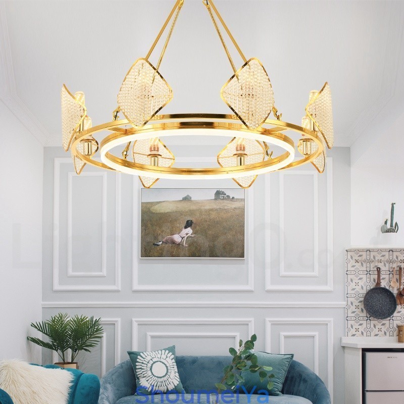 ゴールドポストモダンラグジュアリーラウンドK9クリスタルペンダントシャンデリアライトアクリルシェード展示ホール