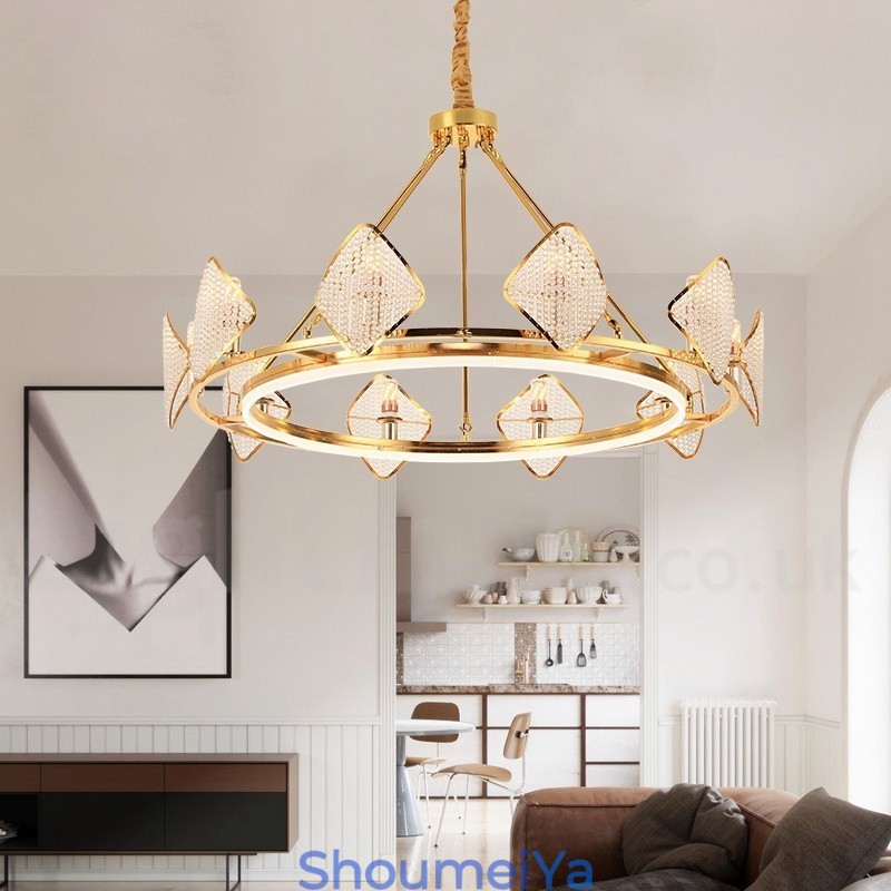 ゴールドポストモダンラグジュアリーラウンドK9クリスタルペンダントシャンデリアライトアクリルシェード展示ホール