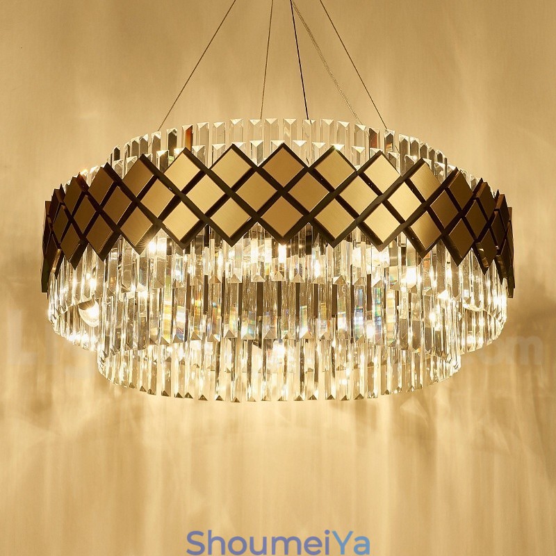 高級モダンゴールドプラスブラックラウンドK9クリスタルペンダントシャンデリア展示ホール