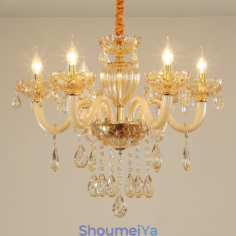 6 ライト シャンパンカラー クリスタル キャンドル シャンデリア