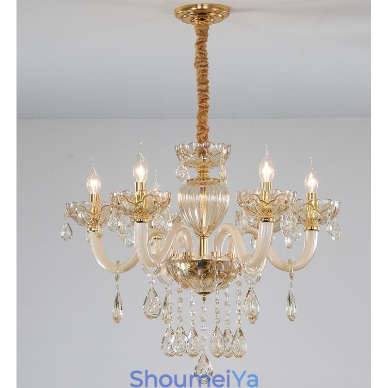 6 ライト シャンパンカラー クリスタル キャンドル シャンデリア