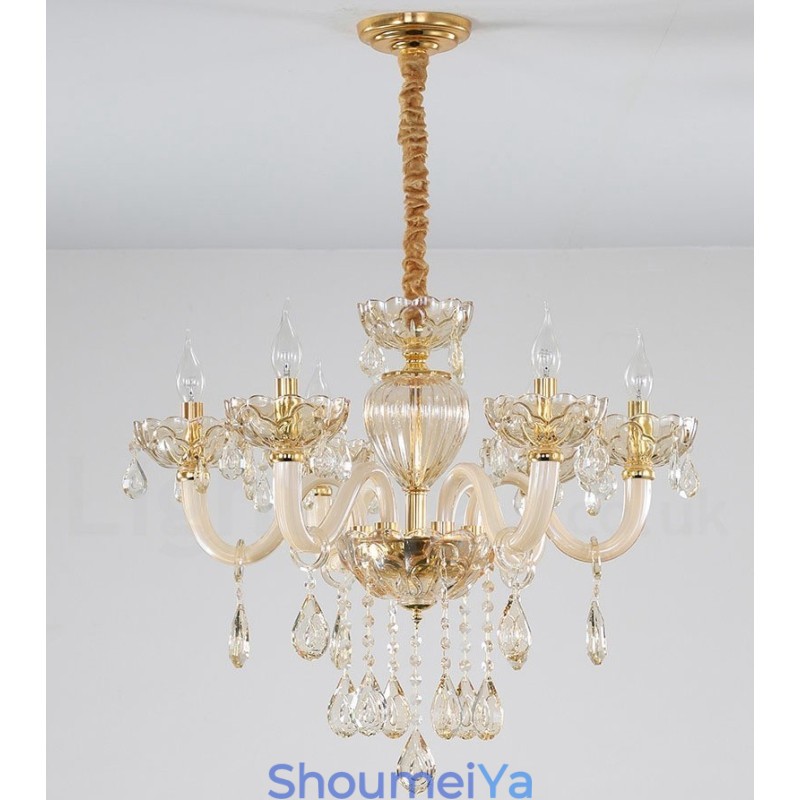 6 ライト シャンパンカラー クリスタル キャンドル シャンデリア