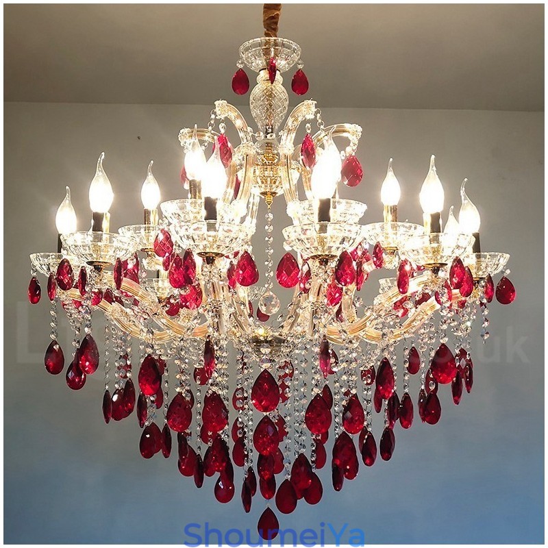18 (12+6) ライト 豪華なレッド クリスタル キャンドル ゴールド シャンデリア