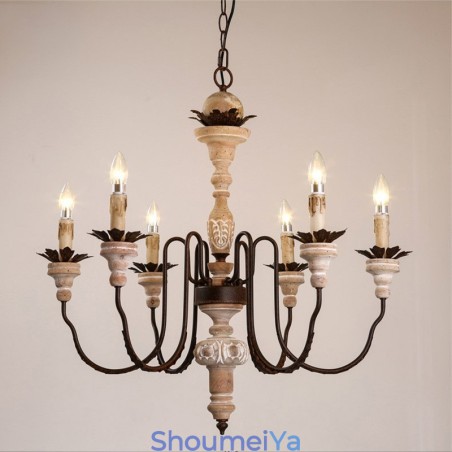 カントリー ヴィンテージ 木製 6 ライト シャンデリア ライト