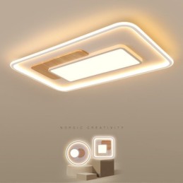 木製調光可能モダンコンテンポラリー北欧スタイル長方形フラッシュマウント天井ライト、リモコン付き、壁ライトとしても使用可能