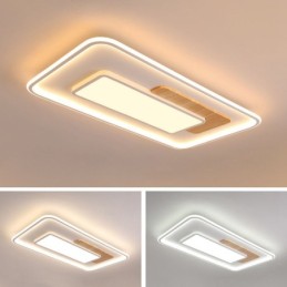 木製調光可能モダンコンテンポラリー北欧スタイル長方形フラッシュマウント天井ライト、リモコン付き、壁ライトとしても使用可能