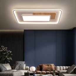 木製調光可能モダンコンテンポラリー北欧スタイル長方形フラッシュマウント天井ライト、リモコン付き、壁ライトとしても使用可能