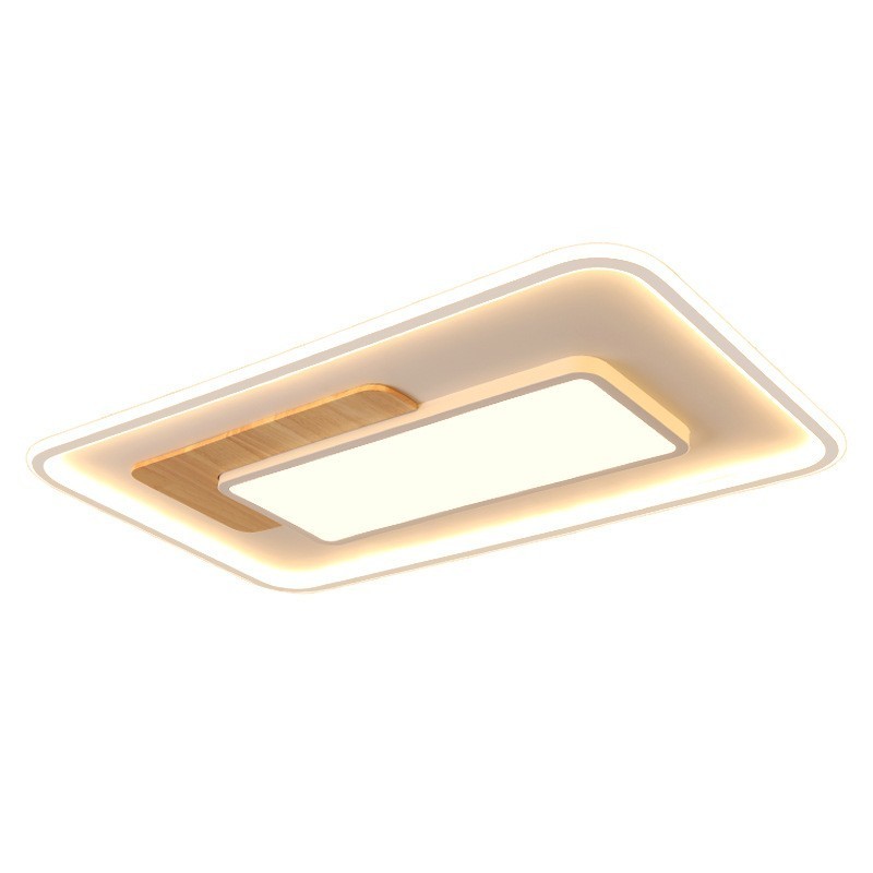 木製調光可能モダンコンテンポラリー北欧スタイル長方形フラッシュマウント天井ライト、リモコン付き、壁ライトとしても使用可能