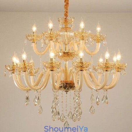 エレガントなクリスタルシャンデリア ヨーロピアン コニャックカラー 天井ライト ガラスボディ 二重層 12+6 ライト