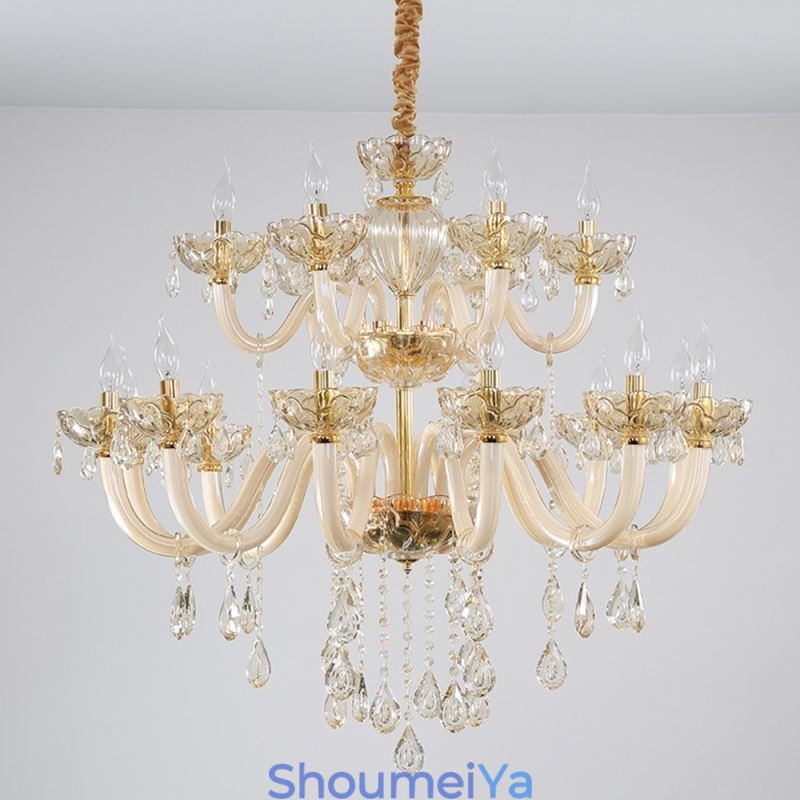 エレガントなクリスタルシャンデリア ヨーロピアン コニャックカラー 天井ライト ガラスボディ 二重層 12+6 ライト