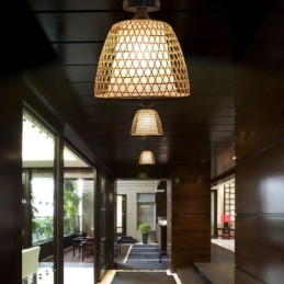 竹製セミフラッシュマウントクリエイティブラウンド天井ライト玄関照明
