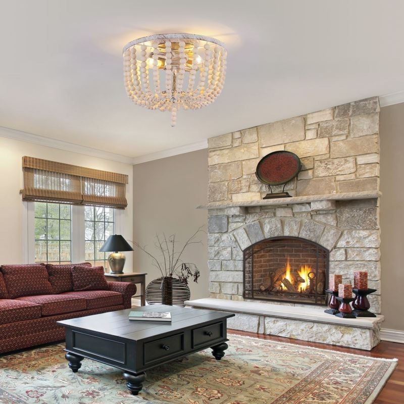 ファームハウス 木製ビーズ フラッシュマウント 天井照明 3 照明器具