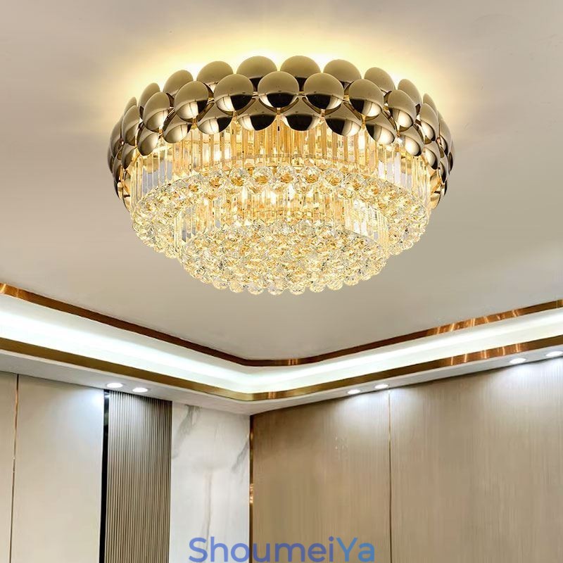 クリスタル フラッシュマウント ラウンド 電気メッキ ゴールド 高級装飾天井ライト 80cm