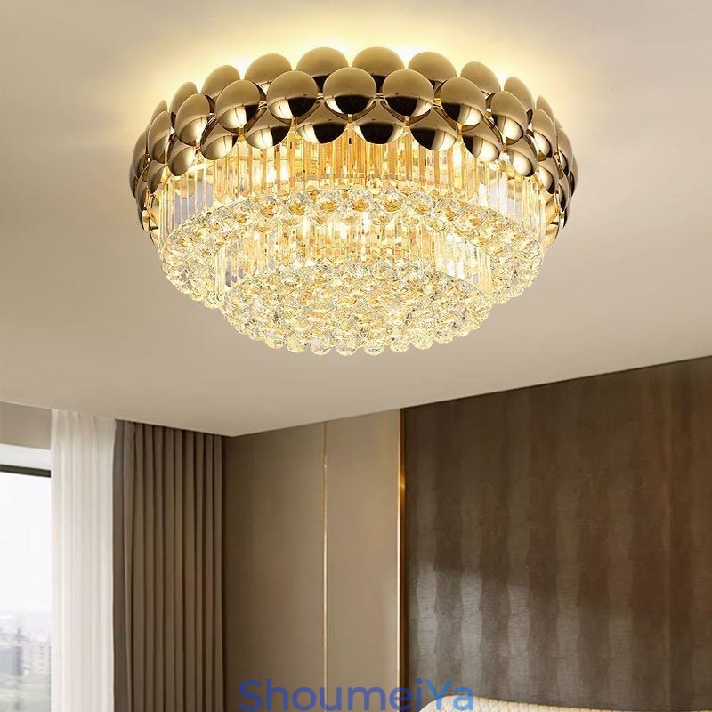 クリスタル フラッシュマウント ラウンド 電気メッキ ゴールド 高級装飾天井ライト 80cm