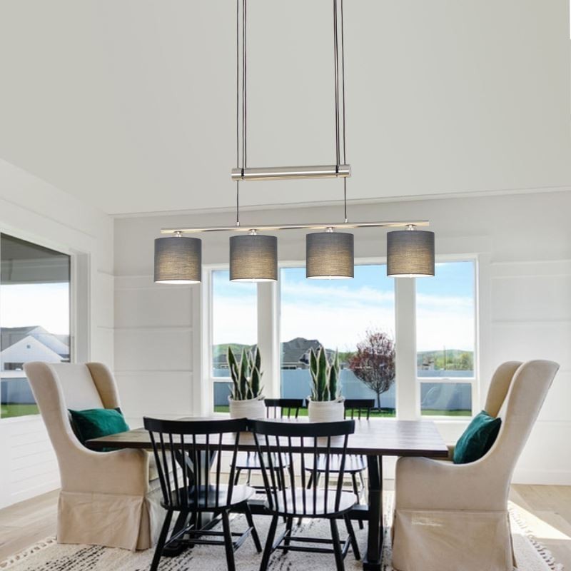 高さ調節可能なファブリックシェード付きモダンな4灯ペンダントライト