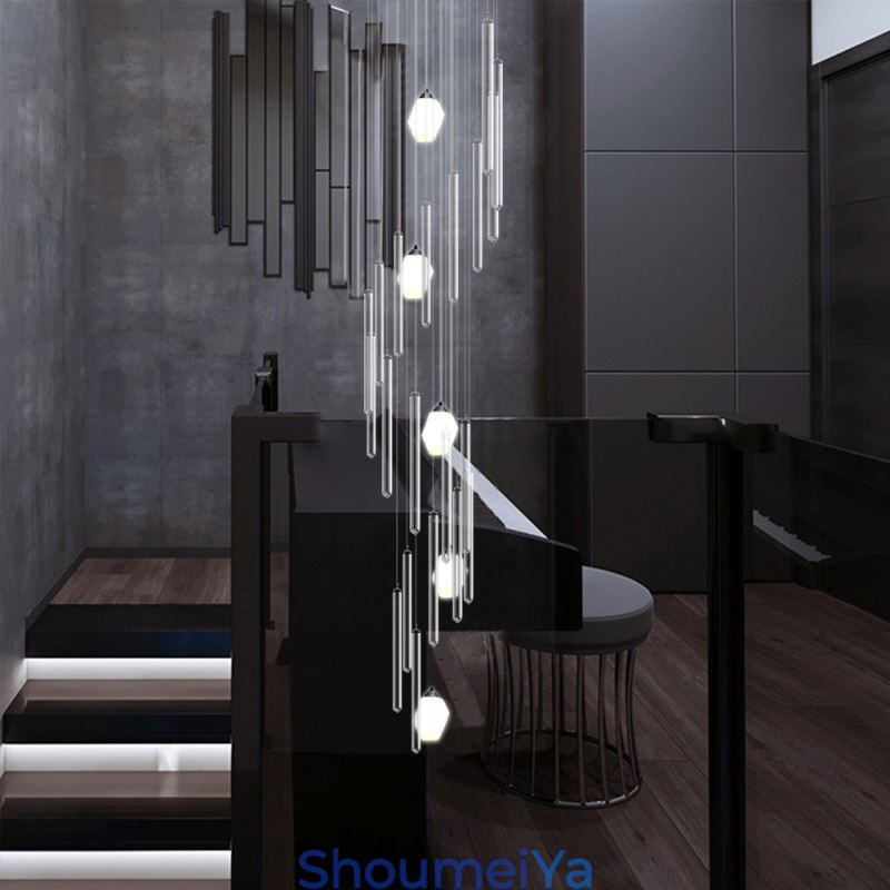 クラスターペンダントライト モダン 大型ペンダント クリスタルシャンデリア デュプレックス階段