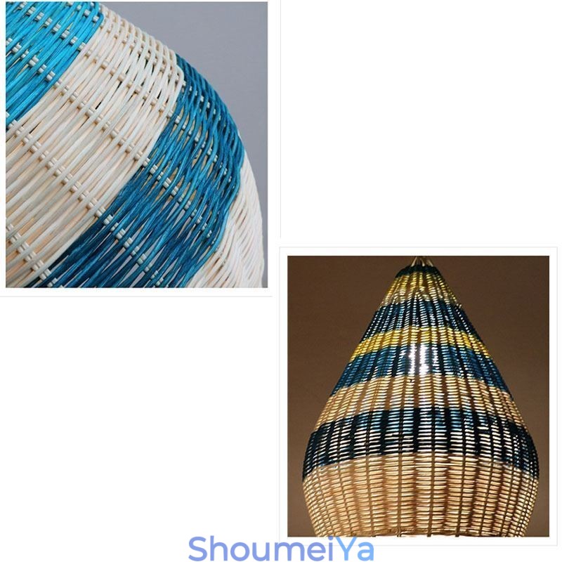 竹と籐のペンダントライト ストライプ模様の間隔 手編みのランプシェード 天井ランプ