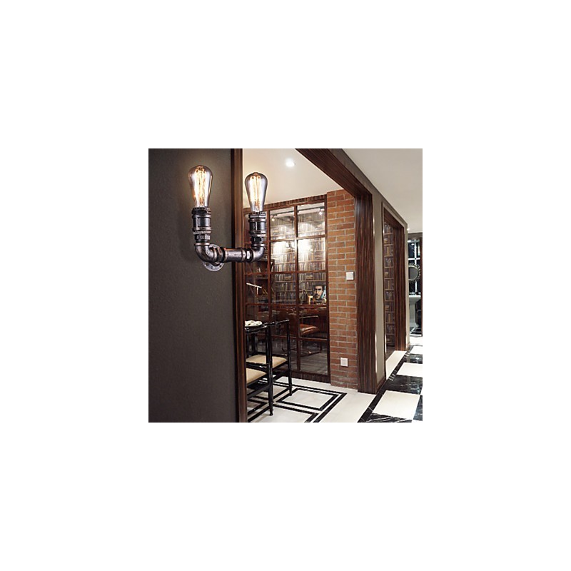 2 灯ヴィンテージ メタル ウォーター パイプ ウォール ランプ エジソン電球付き